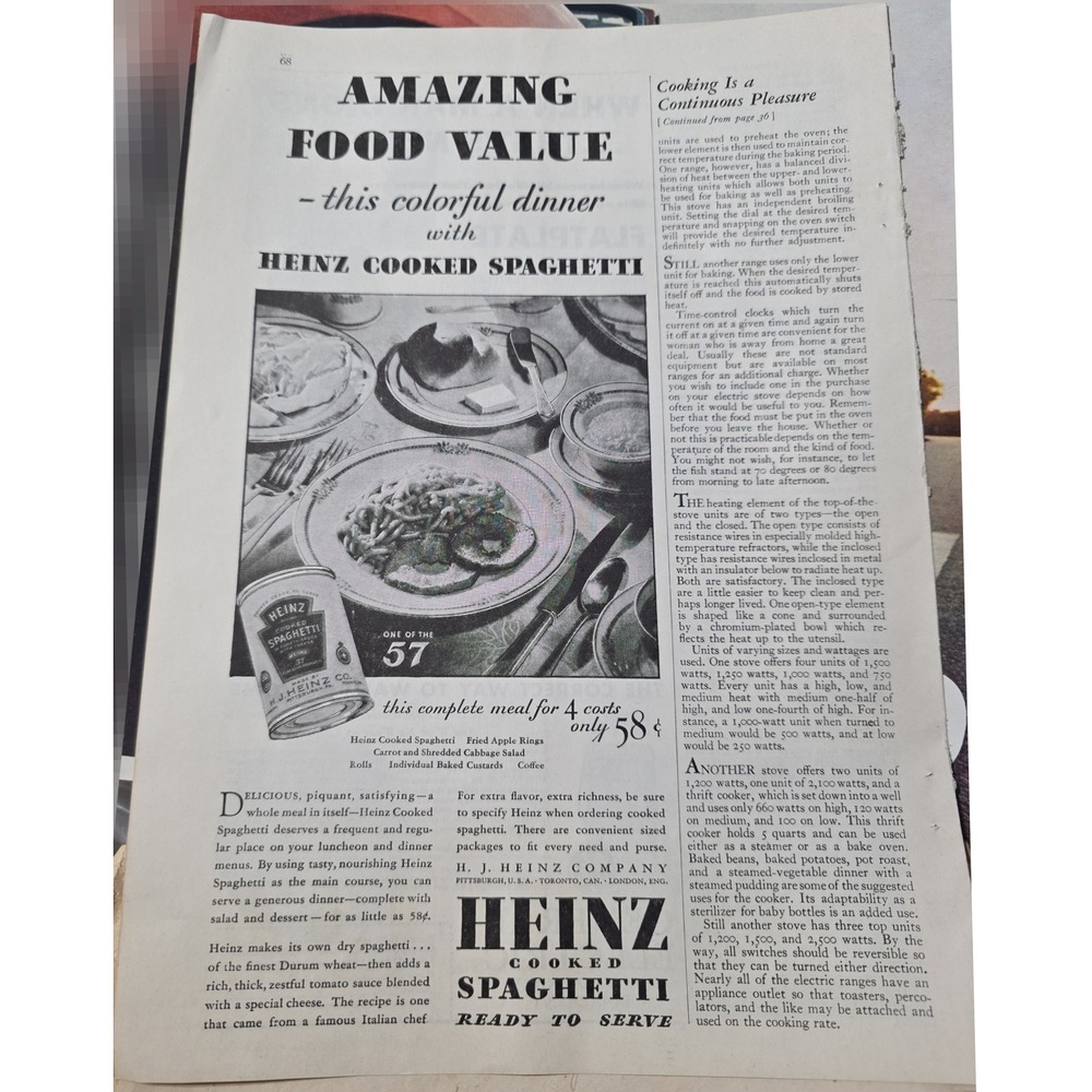 1932 + 1939 Heinz Spaghetti + Pure Vinegars Print Ad Full Strength Kitchen Decor
